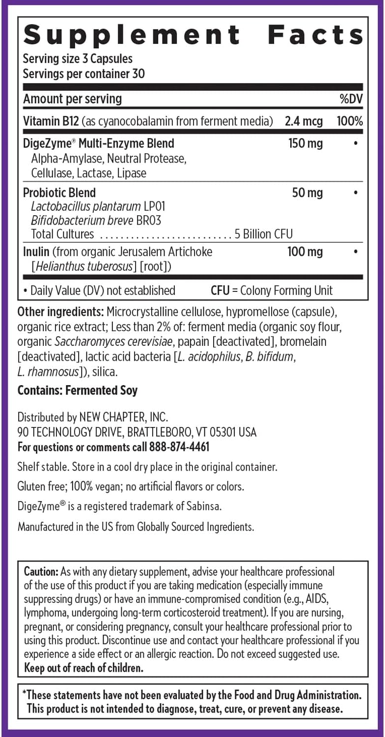 New Chapter All-Flora Enzyme Complex with Probiotics Relieves Bloating & Gas - Clinical-Strength Digestive Enzymes + Ultra-Concentrated Probiotics + Fermented Vitamin B12, 90 Vegan Capsules