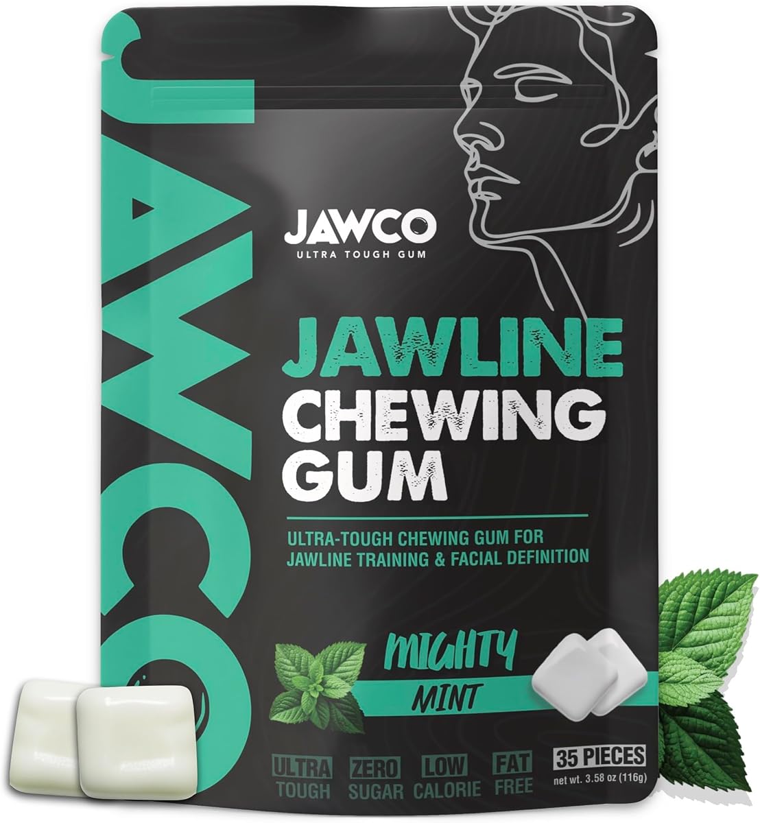 JAWCO Ultra-tough Jawline Chewing Gum | Get a Stronger, Squarer Jawline | Jaw Training Hard Gum | Chisel, Sculpt, Tone your Jaw | 15X Hardness | Facial Fitness Mewing Gum | Mighty Mint (1-Pack)