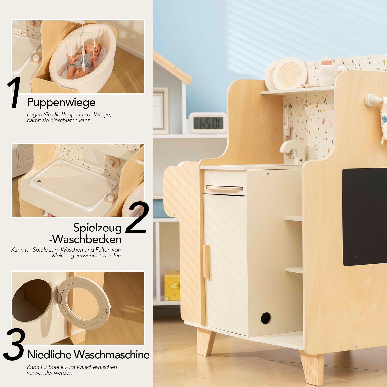 Holz-Spielzeugwiege, 4-in-1-Holzspielset zur Babypflege mit Wiege, Montessori-Rollenspielzeug für Kinder von 3 bis 9 Jahren, Geschenk für Jungen und Mädchen