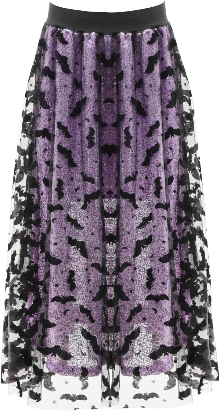 Pumpkin Tulle Sequin Midi Skirt for Women,Halloween Party Velvet Bats Elastic Waist Layered Mesh Tutu A-Line Skirt 26 Regular Purple