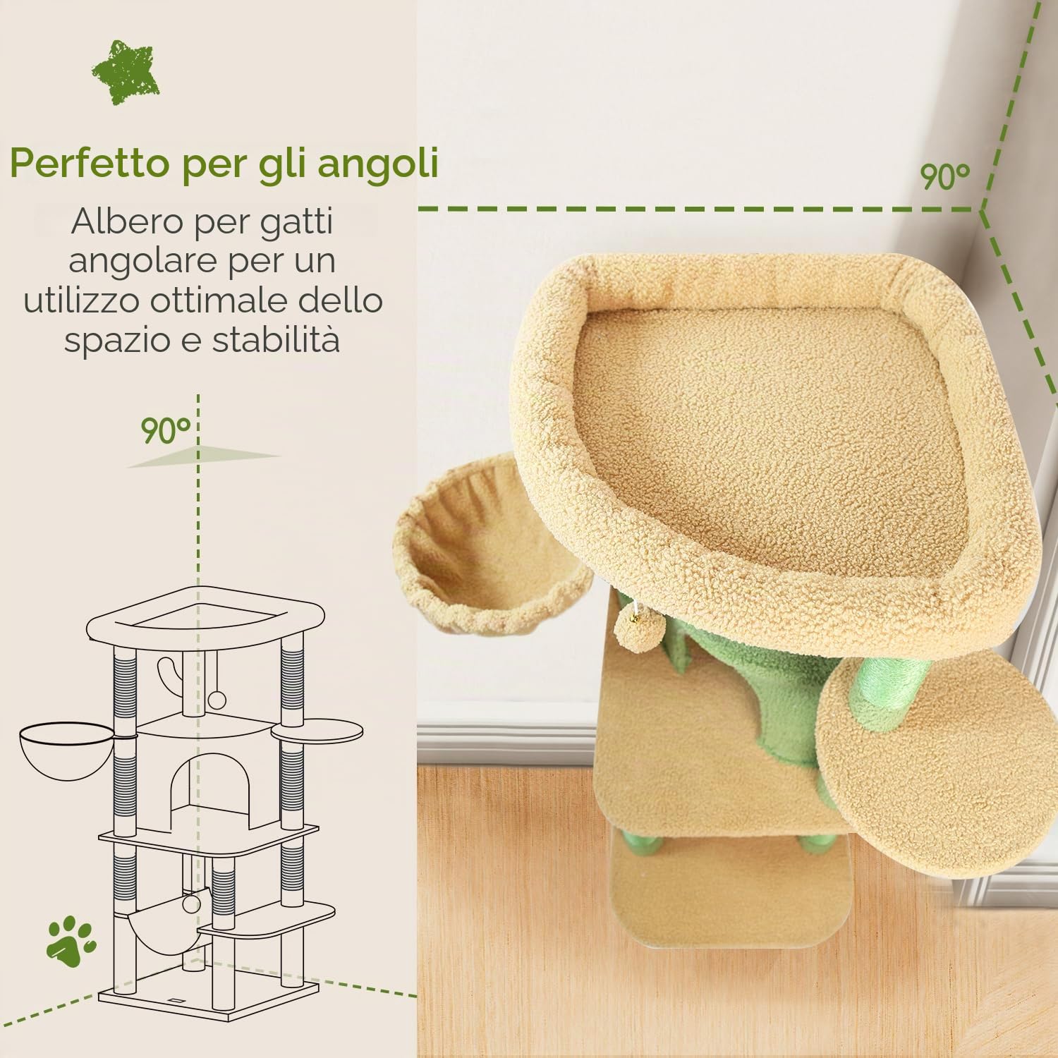 Globlazer Albero Tiragraffi ad Angolo Cactus Verde, Tiragraffi per Gatti Spigolo Alto 130 cm con Grandi Piattaforma, Curva Grotte, Amaca, Cesto, Torre per Gatto per 2-4 Gatti Adulti (C51, Verde)
