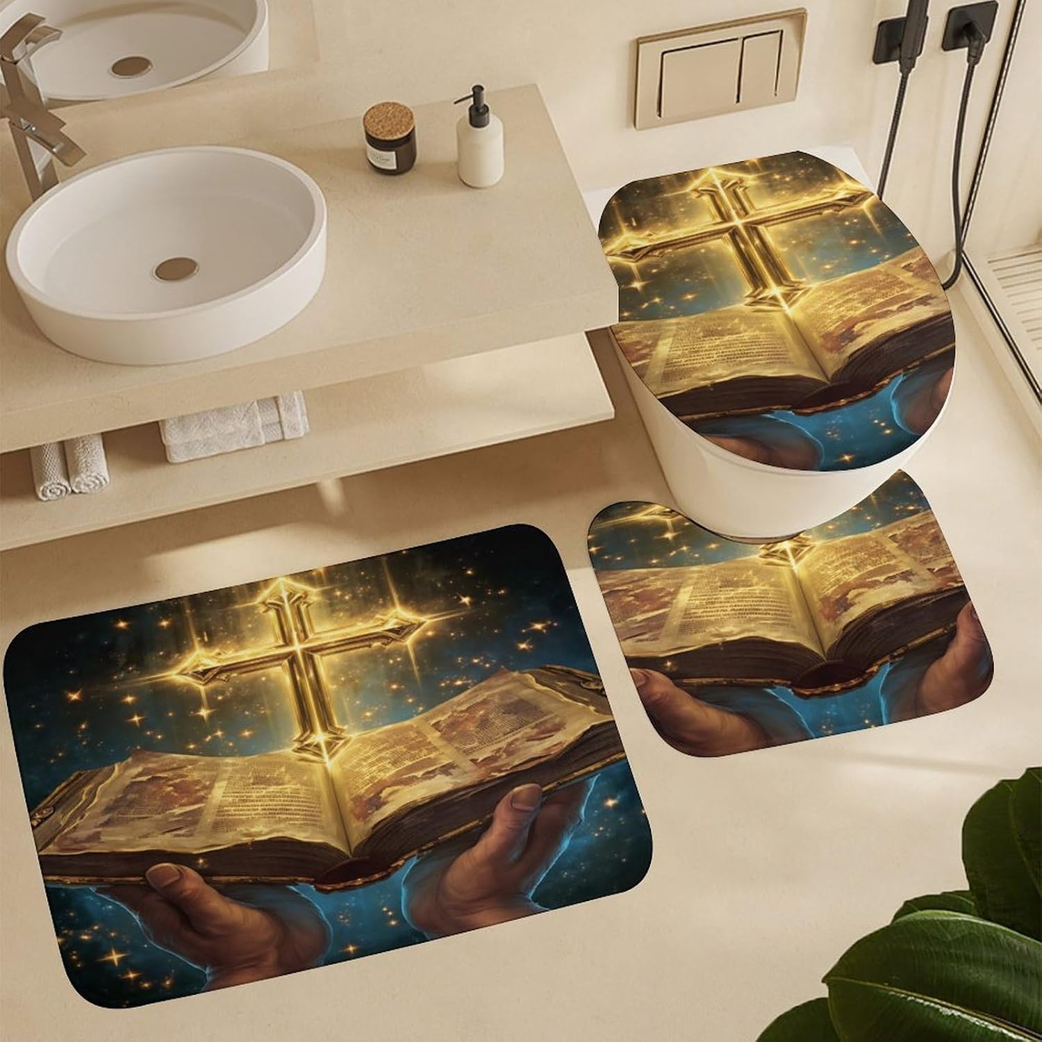 Golden Cross Bible Hands Stars Light 4 PCS Bathroom Set with Shower Curtain Rugs, Ultra Soft Coral Fleece Bath Mat, U-Shaped Rug, Toilet Lid Cover, 72" X 72"