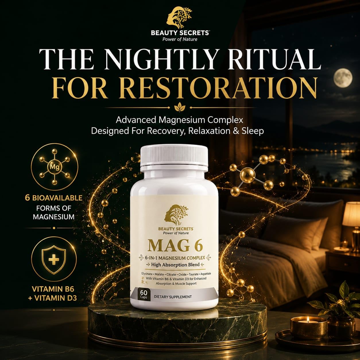 BEAUTY SECRETS MAG 6 – 6-in-1 Magnesium Complex with Vitamin B6 & D3 | Glycinate, Malate, Citrate, Taurate, Aspartate & Oxide | Sleep, Muscle, Energy & Heart Support — Amazon image 2