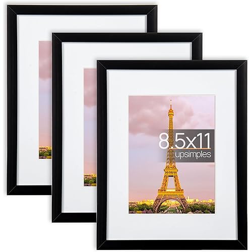 upsimples 8.5x11 Picture Photo Frame Set of 3, Made of High Definition Glass for 6x8 with Mat, Wall Mounting, Black