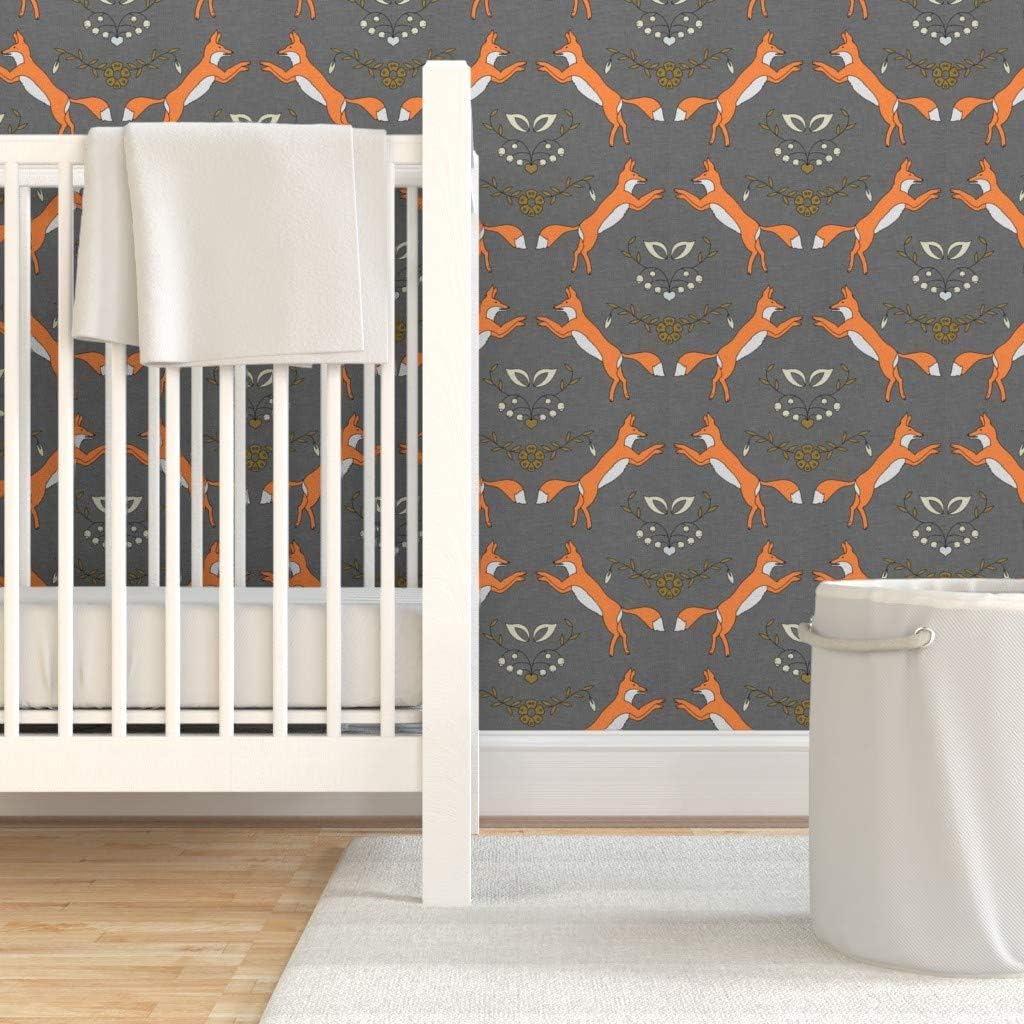 Peel & Stick Wallpaper 3ft x 2ft - Small Fox Orange Gray Floral Spring Custom Removable Wallpaper by Spoonflower