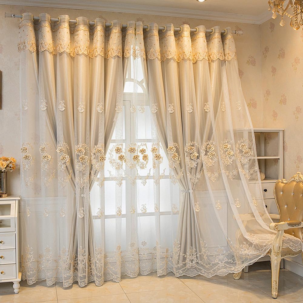 Amidoudou 1 Pair European Double Layer Curtains with Valance for Living Room 3D Flower Embroidered Curtains for Bedroom (Beige,51x90 Inch)