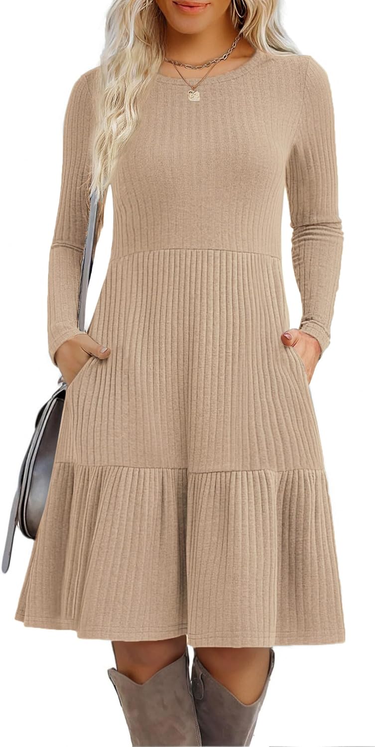 Zeagoo Womens Long Sleeve Fall Dresses with Pockets 2025 Flowy Casual Ribbed Knit Crew Neck Knee Length Sweater Dress Zeagoo Womens Long Sleeve Fall Dresses with Pockets 2025 Flowy Casual Ribbed Knit Crew Neck Knee Length Sweater Dress