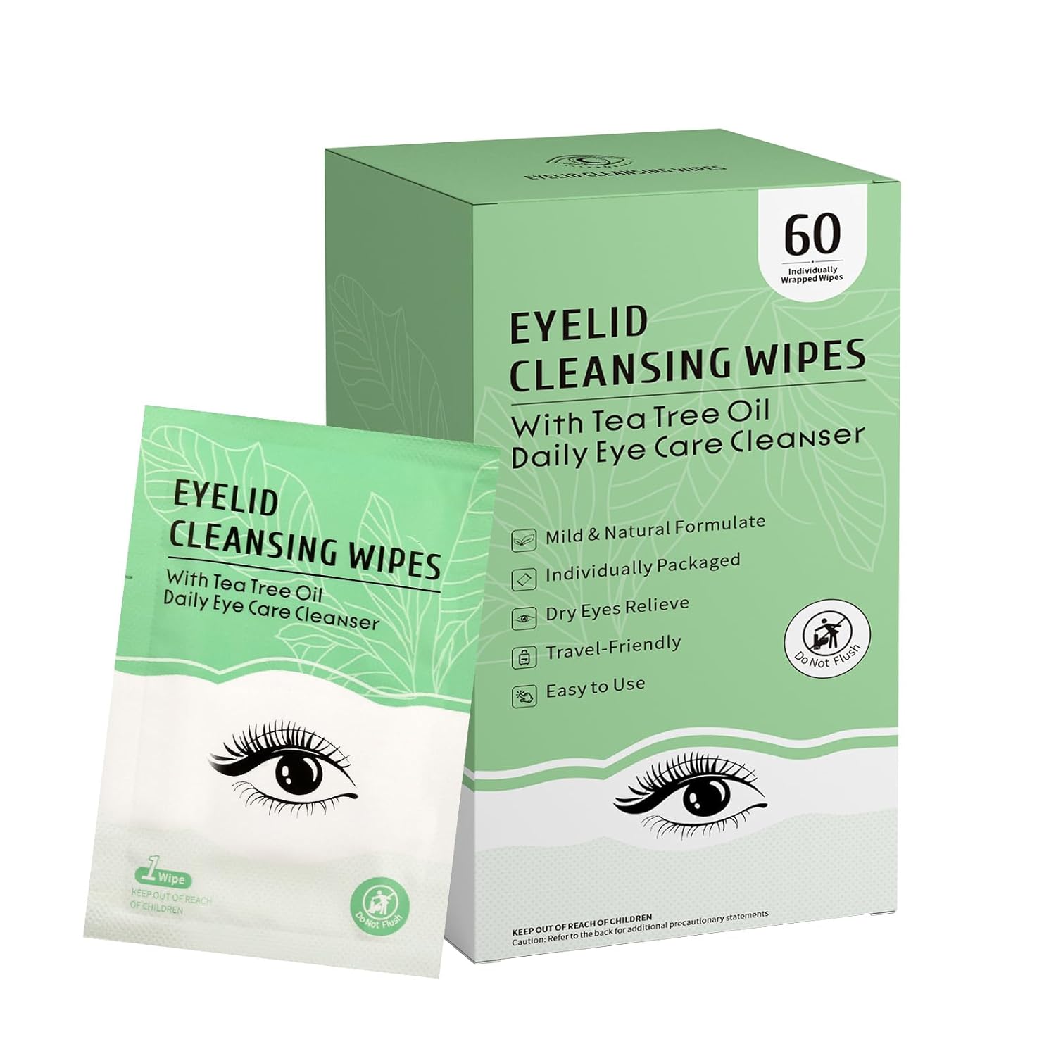 60 Count Eyelid Wipes, Gentle Eyelid Cleansing Wipes with Tea Tree Oil, Moisturizing Eye Wipes for People with Dry Eyes, Itchy, Styes & Blepharitis, Eyelid & Lash Wipes Individually Wrapped for Travel