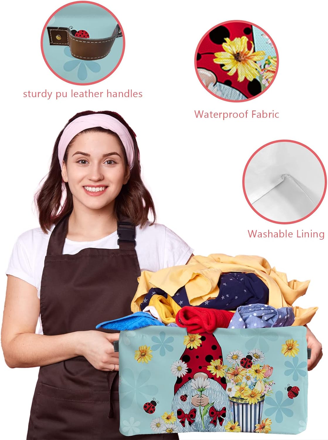 Storage Bins Large Storage Basket,Summer Ladybug Gnome Yellow Daisy Flower Collapsible Storage Bins with Handle,Watercolor Bloom Floral on Blue Storage Baskets Cube Organizer for Shelves Closet