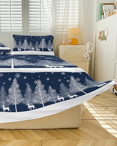 Miniatura 5 de Faldas de cama de Navidad con alce para cama Queen de 18 pulgadas de caída, falda de cama envolvente, colcha plisada con volantes y pinos, bosque de
