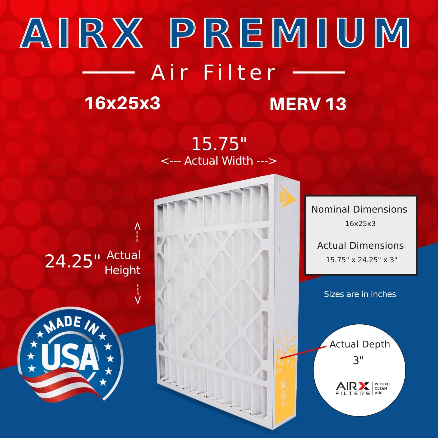 AIRX FILTERS WICKED CLEAN AIR. 16x25x3 Air Filter MERV 13 Compatible with Air Bear 255649-101 Furnace Filter 3 Pack