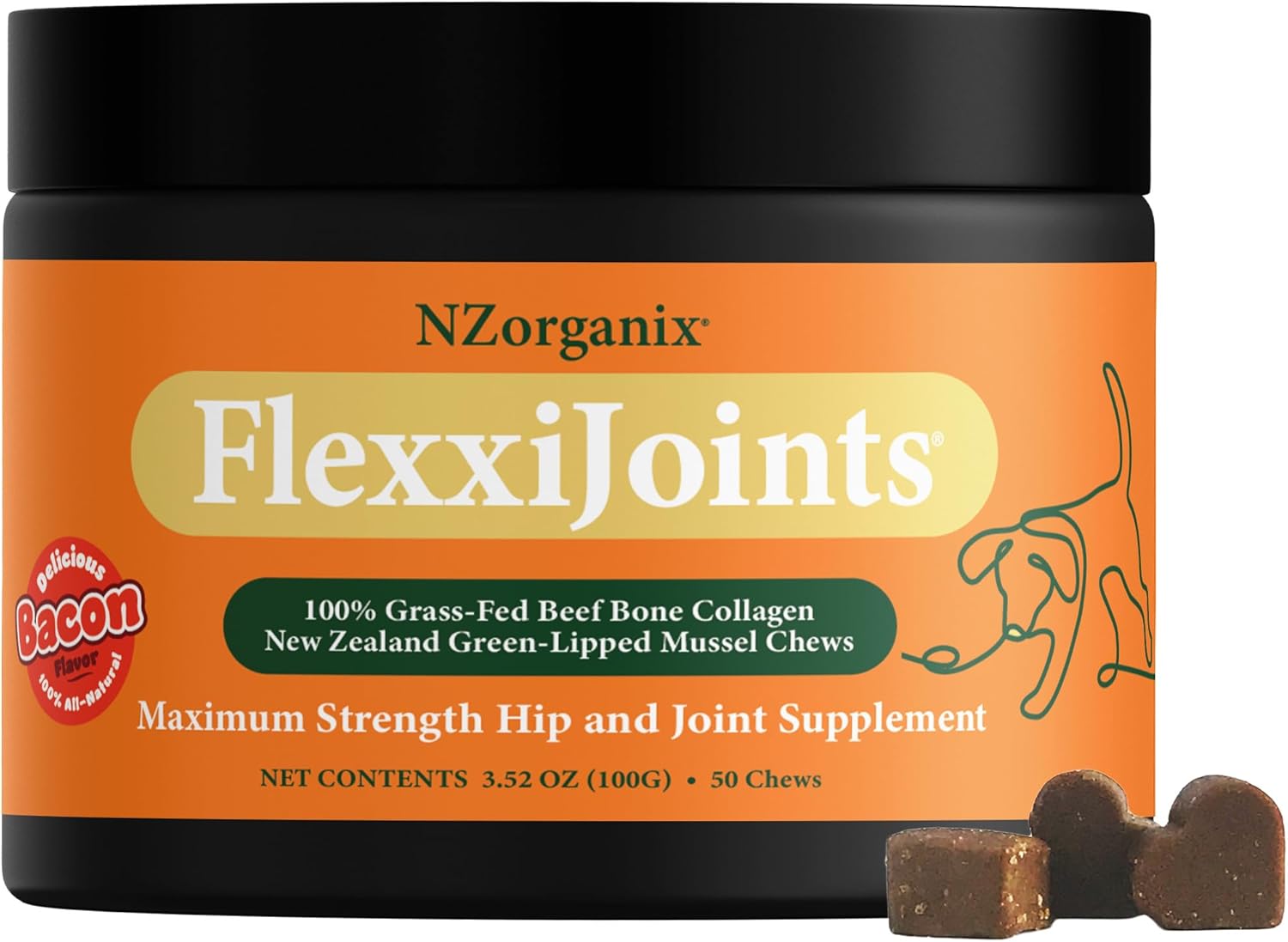 NZorganix FlexxiJoints Hip and Joint Supplement Chews for Dogs, Cats • 100% Grass-Fed Beef Bone Collagen New Zealand Green-Lipped Mussels • 50 Chews