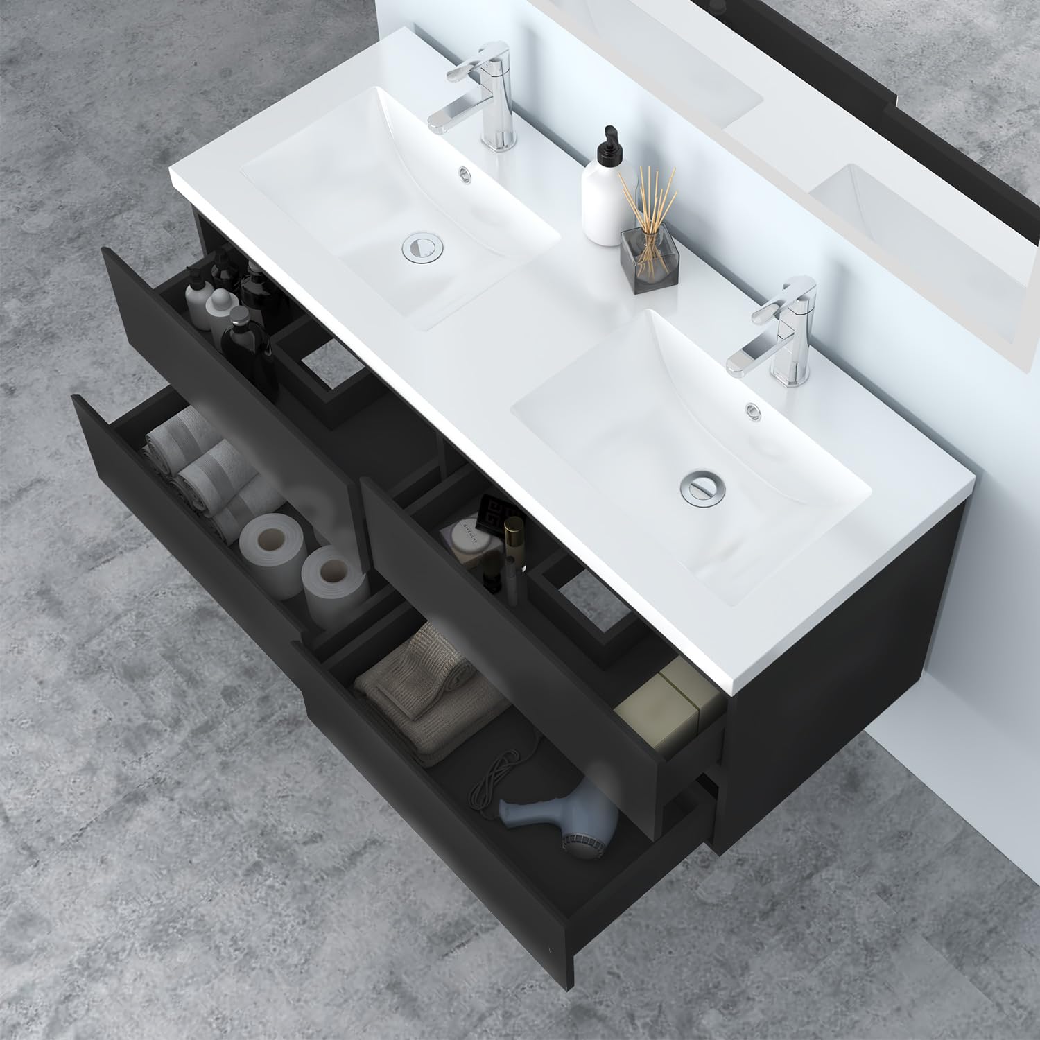 Badezimmermöbel 120cm Mineralguss Waschtisch mit Unterschrank Badmöbel Set Badezimmerschränke mit 2 Soft-Close Schubladen Hochglanz Schwarz