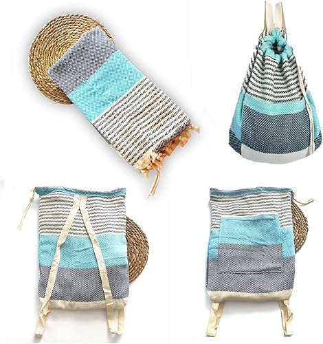 buradanaldim - Toalla de playa y bolsa combinada y guante de baño turco Hamam, 40 x 72 pulgadas, toalla de playa turca 100% algodón con bolsillo con