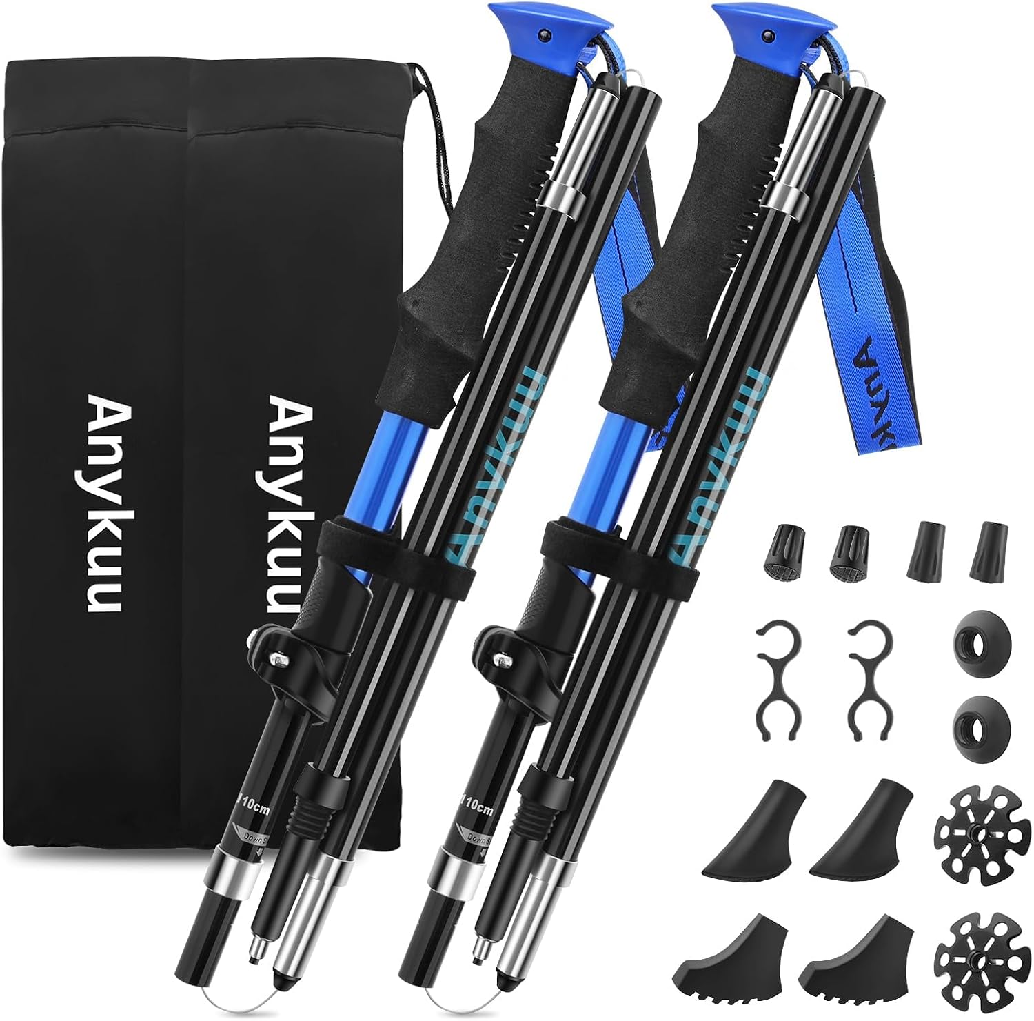 Anykuu Kijki trekkingowe składane 110-130 cm kijki do Nordic Walkingu aluminiowe 7075 z 6 parami akcesoriów do wspinaczki górskiej wędrówek