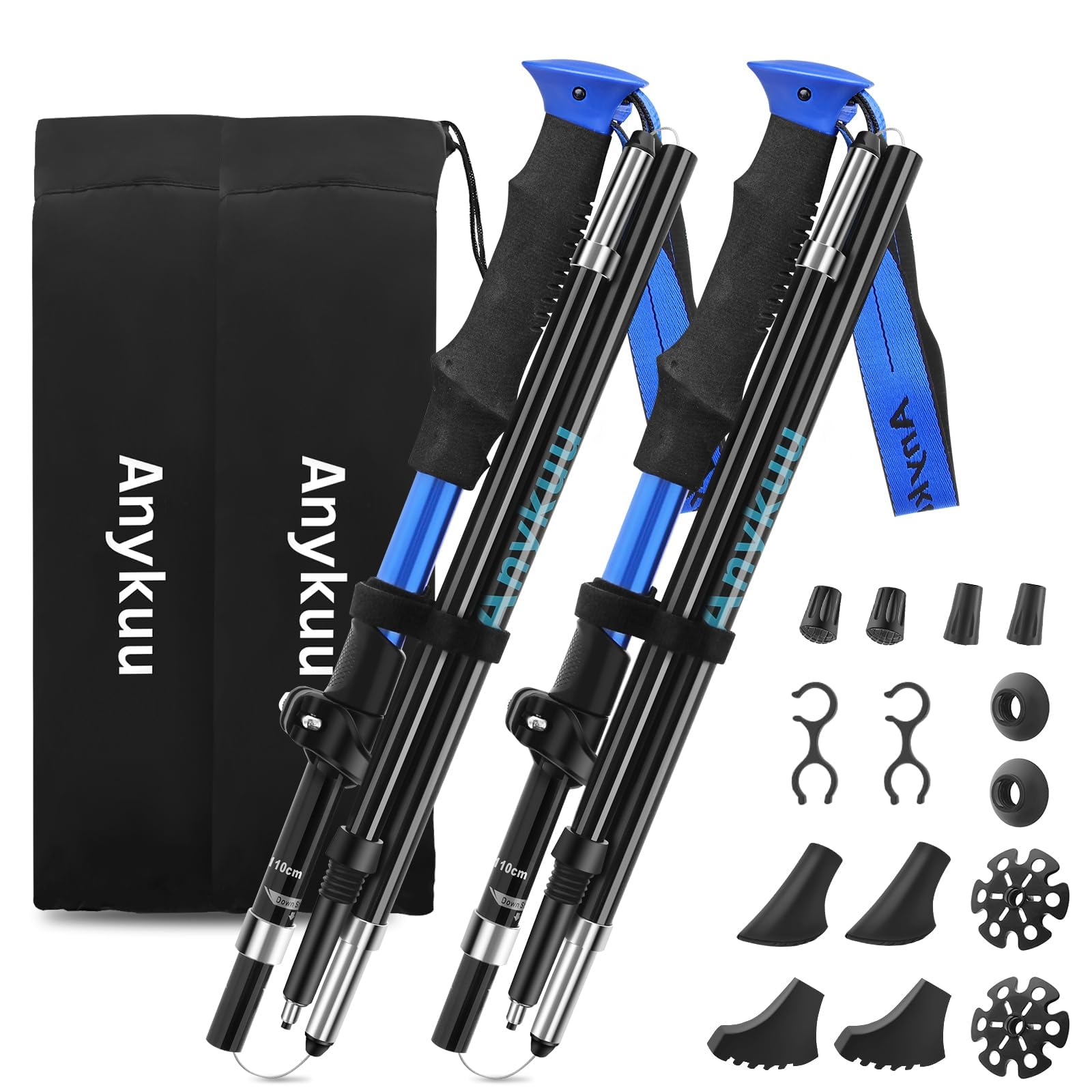 Anykuu Bastoni Trekking Bastoncini da Trekking 2 Pezzi Pieghevoli 110-130cm, Bastone da Trekking in 7075 Alluminio, Nordic Walking Bastoncini con manico in Eva per Montagna Escursioni e Sci