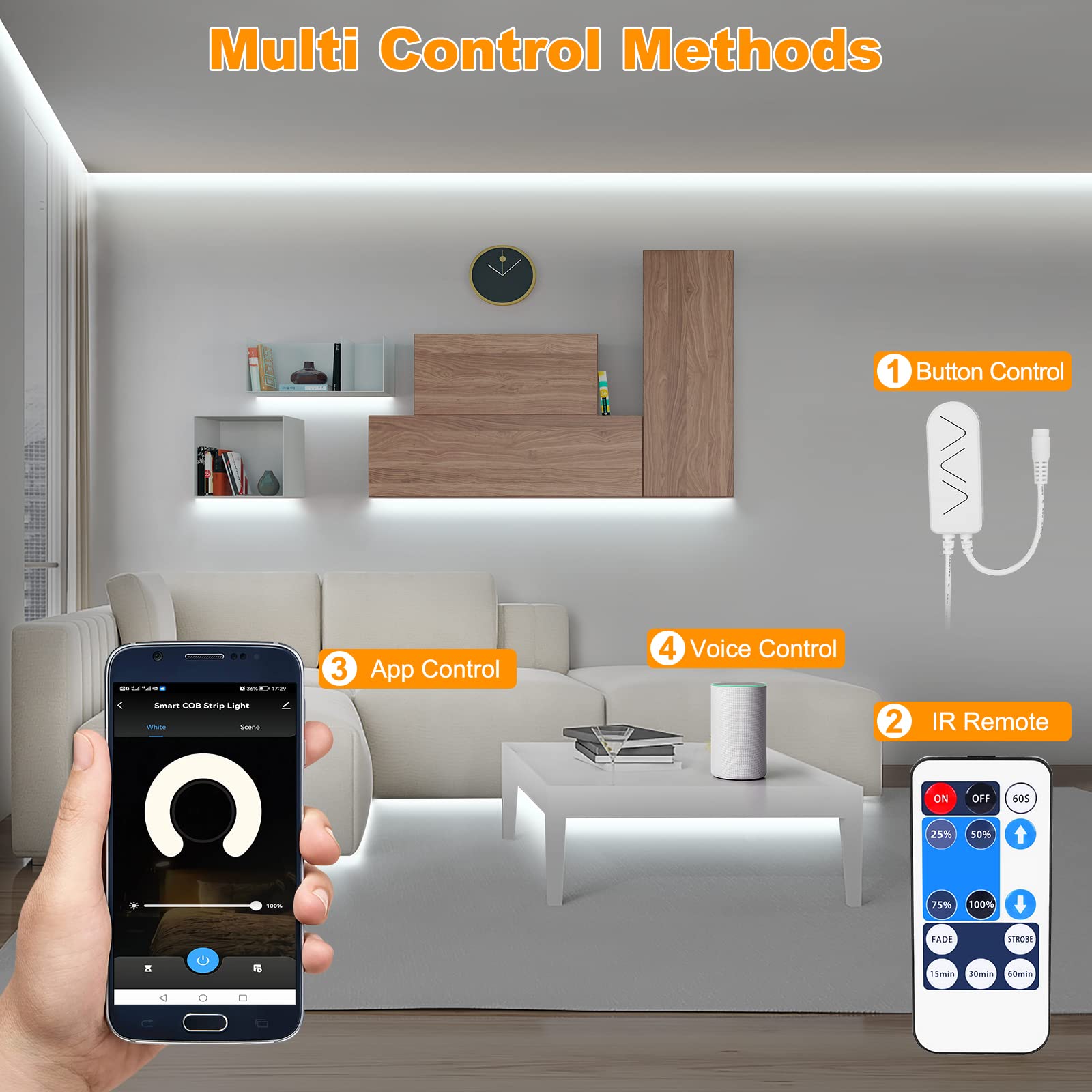 Tatazone Striscia LED COB WiFi da 5 m, 6500 K, con app e telecomando, compatibile con Alexa e Google, dimmerabile, luce bianca fredda, per interni, per scale, cucina, armadio