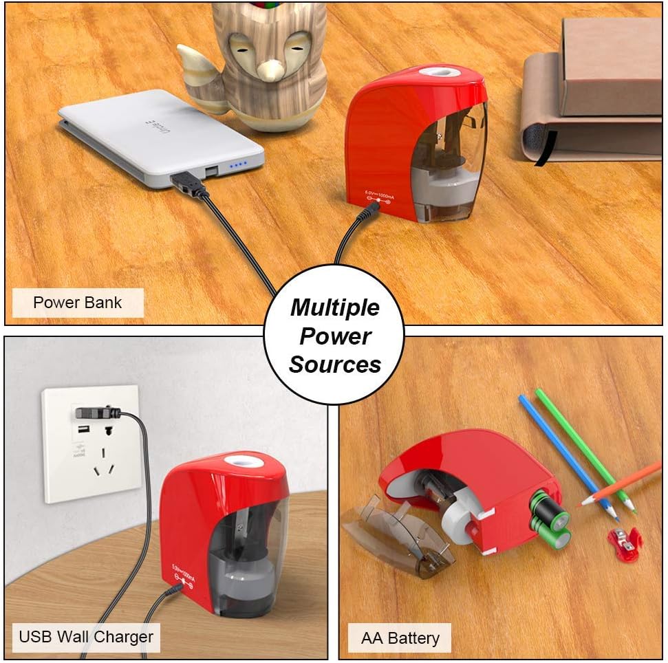 Electric Pencil Sharpener Automatic Sharpener for No.2 Pencils and Colored Pencils (6-8mm) with Auto Stop Feature & Extra Cleaning Brush, USB/Battery Operated in Home/Classroom/Office (Red)