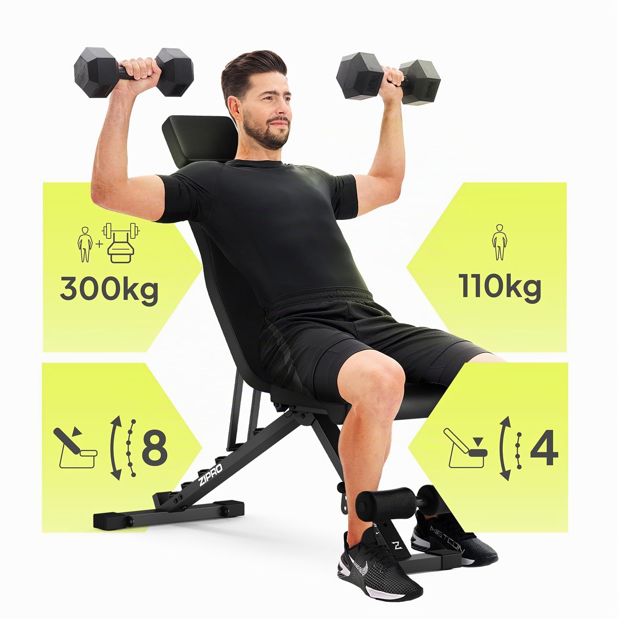ZIPRO Hantelbank Klappbar Trainingsbank Bauchtrainer Sport Geräte für Zuhause 7-fach Verstellbar Schrägbank bis 300 kg Kraftstation Heimstudio Home Gym Ganzkörper Rückentrainer - Grind Schwarz | Gerät Station, flach, Lendenwirbelsäule, Heim-Gym, Fitnessbr