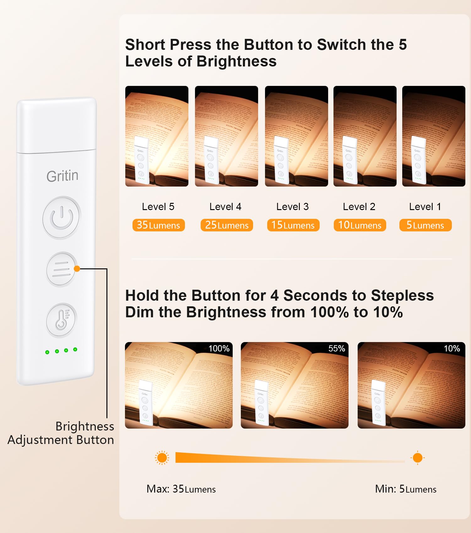 Gritin Book Light Rechargeable, Reading Light Lamp Clip on Books, 3 Eye-Protecting Modes (Mixed/White/Amber), 5 Brightness & Stepless Dimming, Long Battery Life, Flexible Reading Lamp for Readers - 2