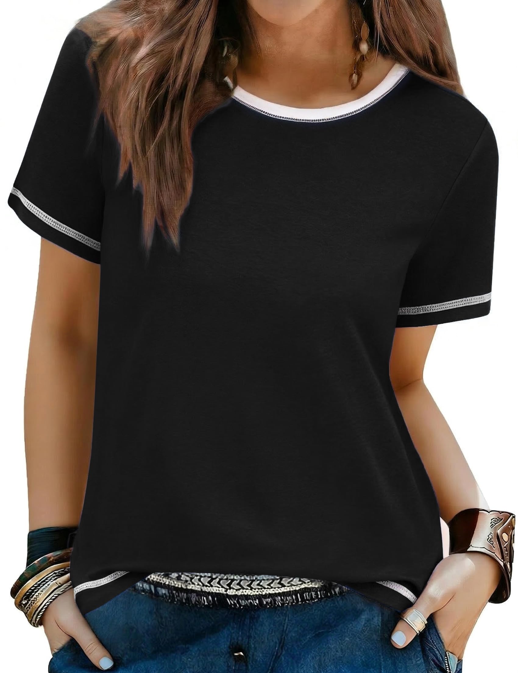 Terecey T Shirt Damen Sommer Rundhals Shirts Kurzarm mit Farbblockierung Basic Einfarbige Top Casual Baumwolle Oberteile Stretch Lockeres Elegant Tee Bluse S-3XL