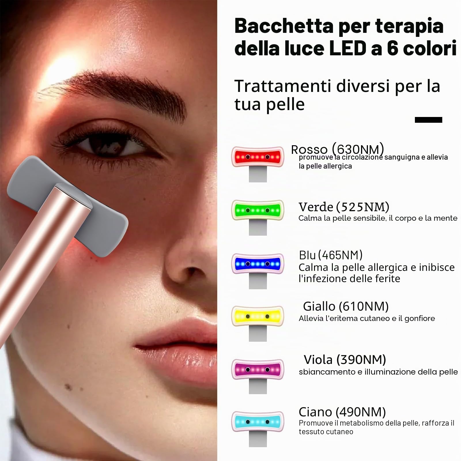 Terapia a luce rossa per viso, 6 in 1, attrezzatura per la terapia della luce a LED per la pelle, bacchetta per il viso con massaggiatore facciale, bacchetta per la cura della pelle, vibrazione