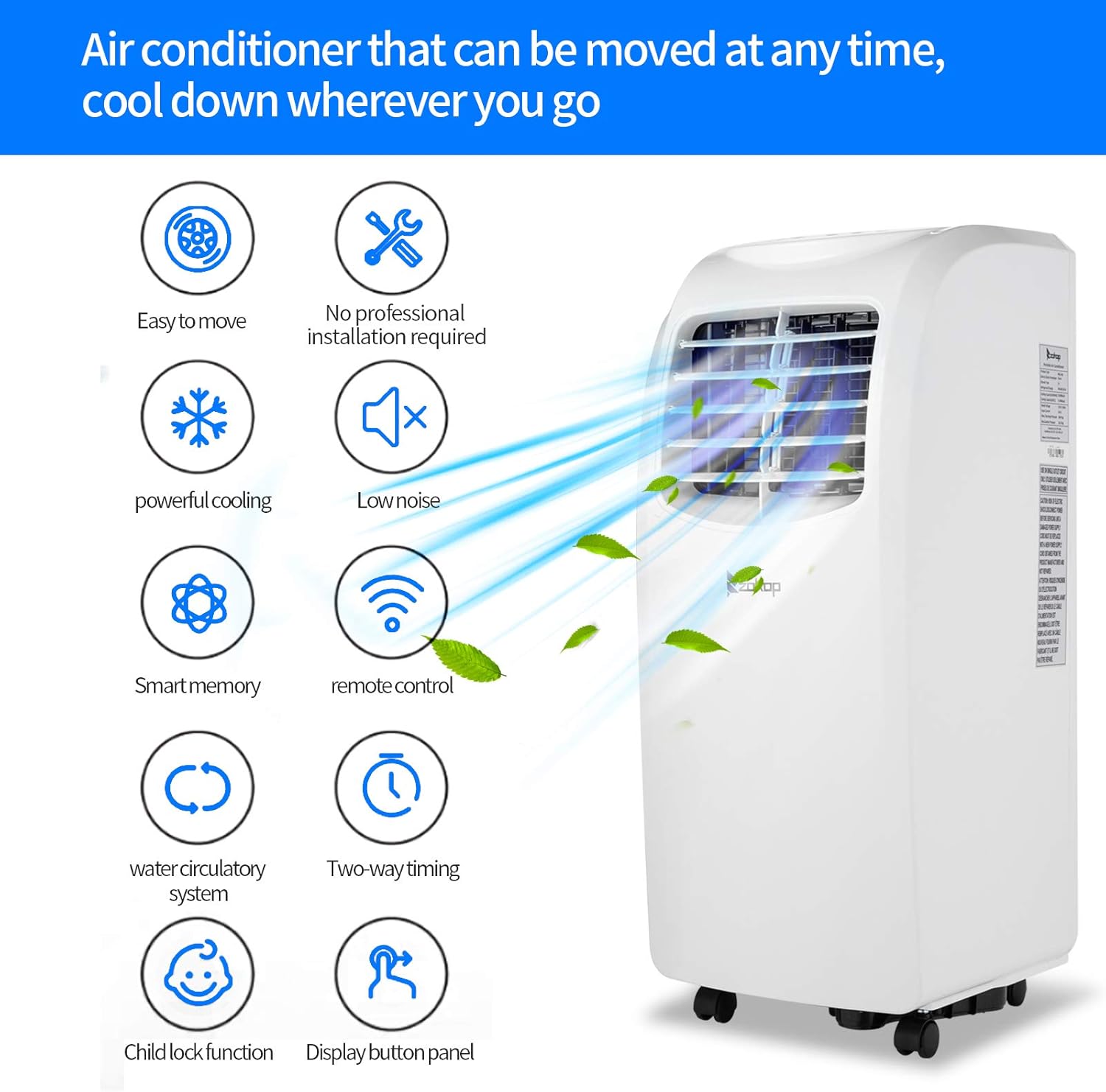 ZOKOP 8000BTU DOE5500BTU YPO2-09C 115.00V Air Conditioner ABS Side Outlet Mobile Portable Refrigeration White