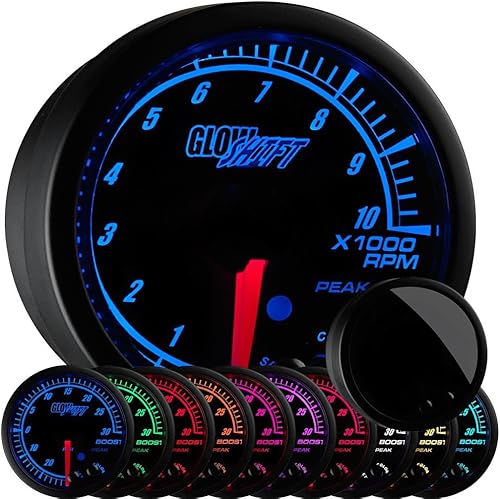 GlowShift Elite - Tacómetro de 10 colores de 10,000 rpm, incluye luz de advertencia gratuita, para motores de gasolina de 1 a 10 cilindros, esfera