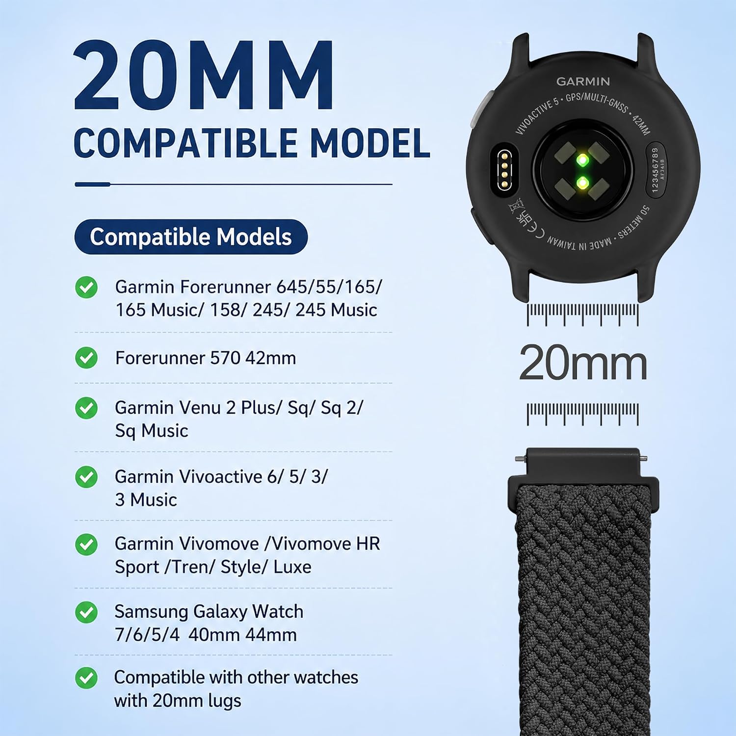 2 Pack Braided Magnetic Nylon Band Compatible with Garmin Vivoactive 5/6/3, Forerunner 165/245/55, 20mm Soft Nylon Solo Loop Magnetic Sport Strap for Venu 2 Plus/Venu Sq/Sq 2 Women Men