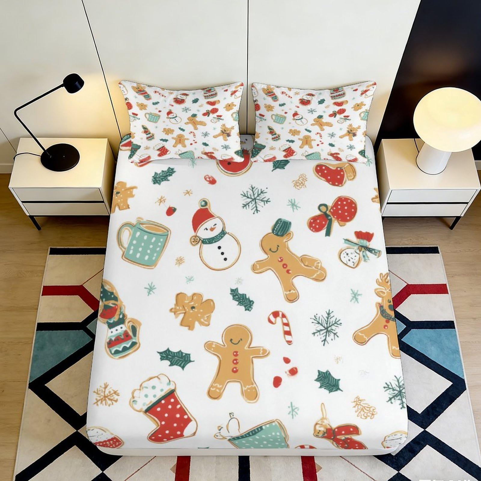 3D Printed Christmas Gingerbread Fitted Sheet Microfiber Soft Breathable Snowman Bed Cover for Bedroom Dorm Decor 90x200x25cm