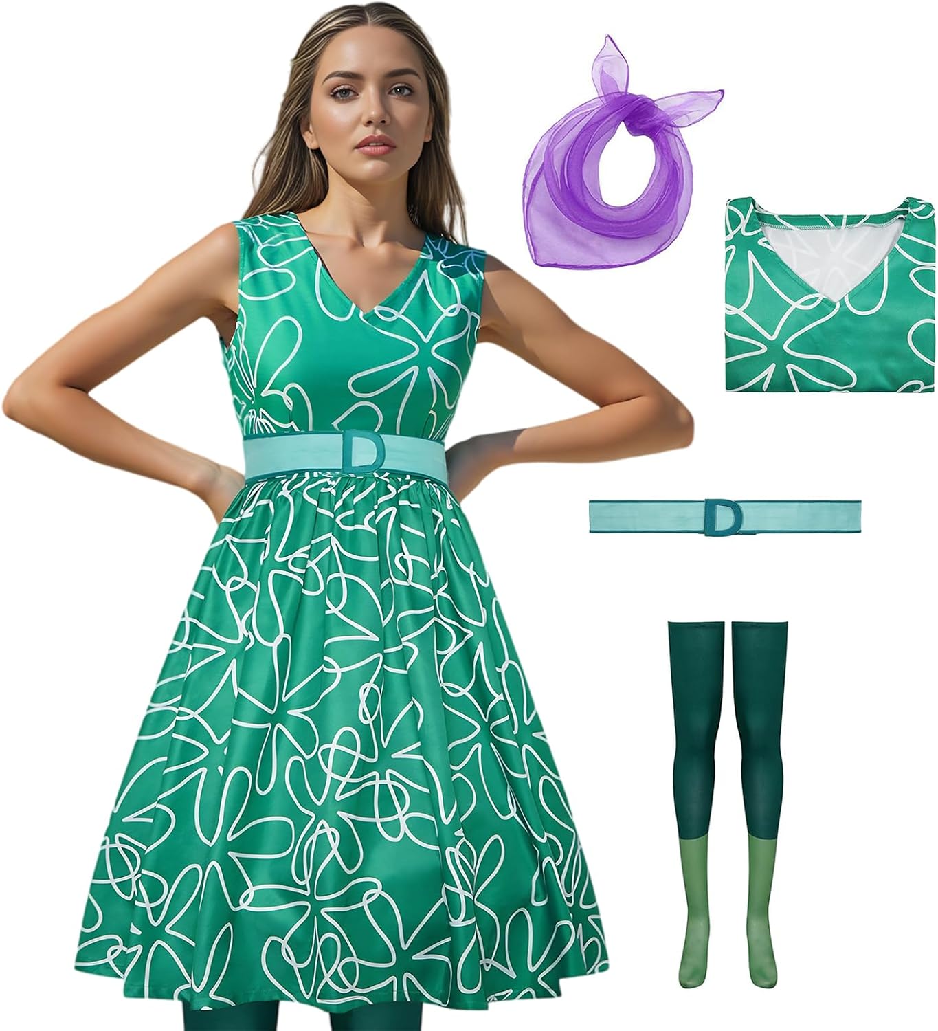 Adult Green Costume Dress Cosplay Halloween Outfit 4Pcs Set for Women