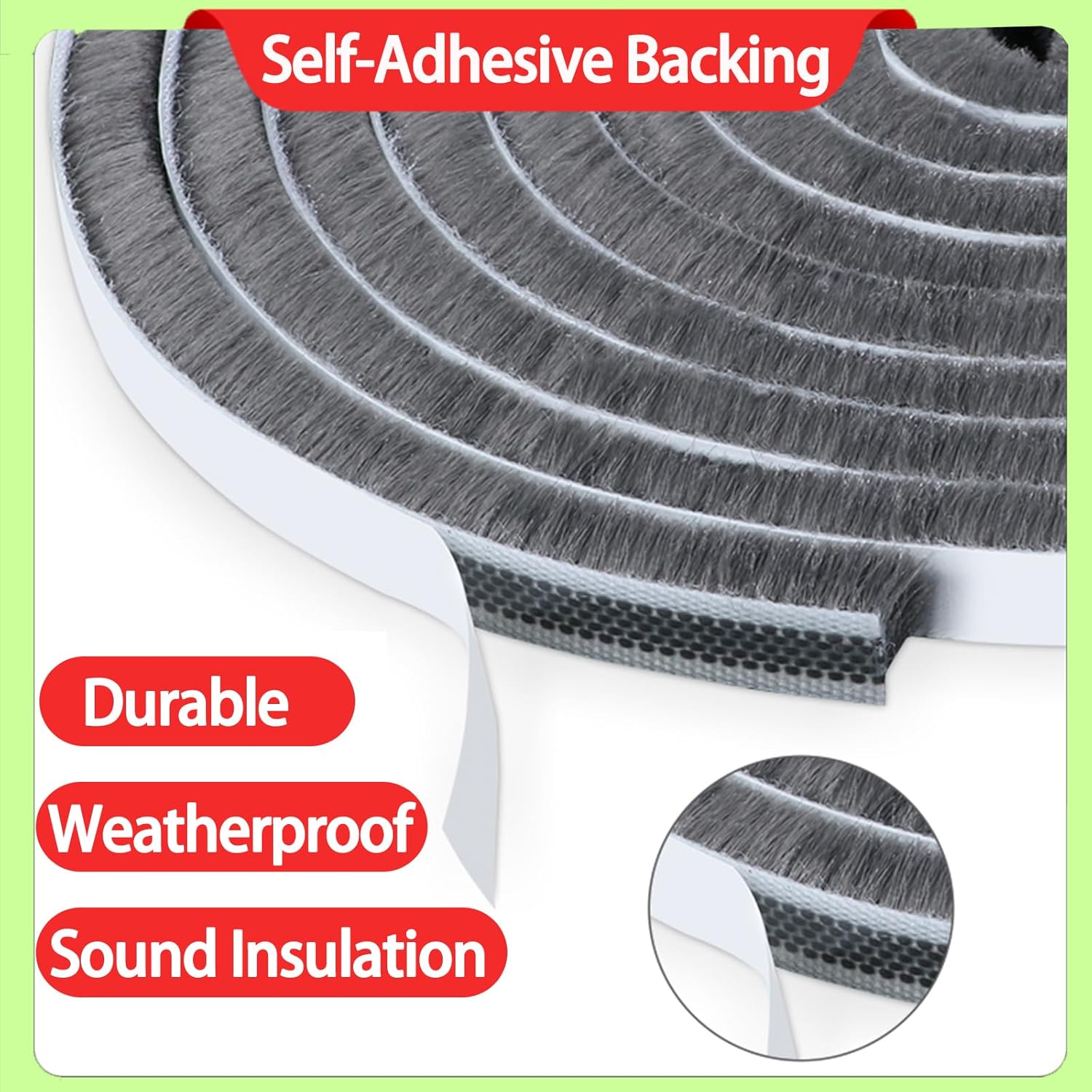 ZOMPAGO Strong Adhesive Brush Weather Stripping,0.9in Thick x 0.4in(W) x 66FT,Grey for Sliding Windows/Doors - Car Door Seal for Soundproofing,Dustproof,Winter Windproof & Warm,Waterproof,DIY Install