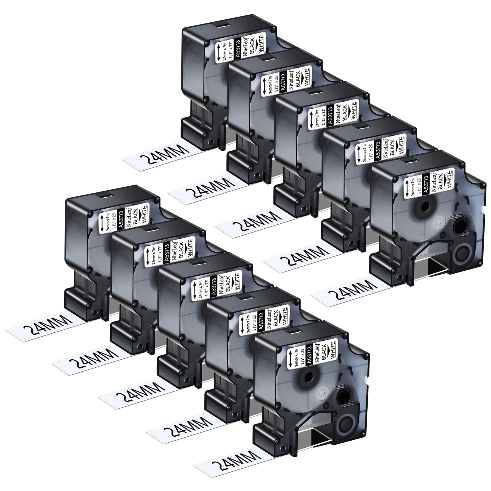 NineLeaf Confezione da 10 nastri adesivi compatibili per Dymo D1 53713 S0720930, 24 mm, 2,5 cm, nero su bianco, ricariche per etichettatrice LabelManager 400 450 450D 500TS LabelWriter 400 450 Duo 3M