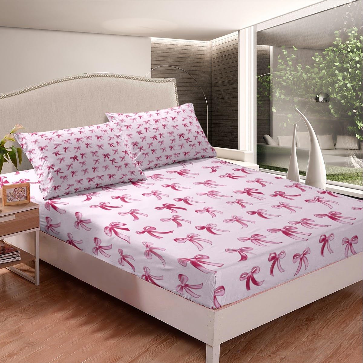 Erosebridal Kawaii Bowknot Bed Sheets, Cute Fantasy Bow Tie Microfiber Fitted Sheet Twin Size for Kids Girls, Cartoon Princess Dreamy Bedding for Bedroom, Pink Ribbon Cozy Bedroom Accessories image 3