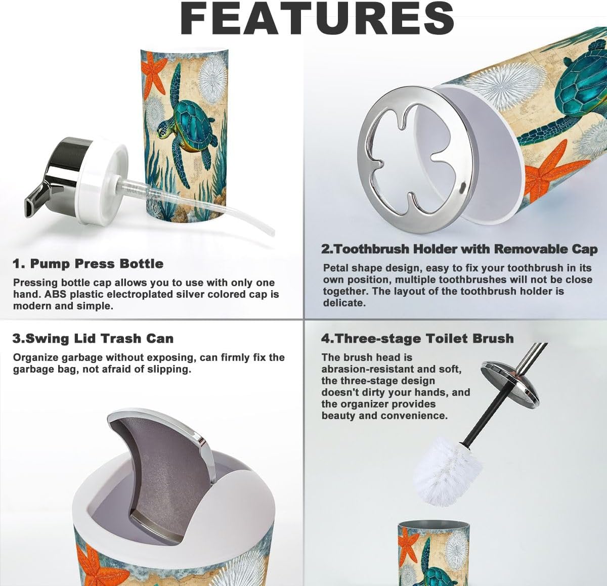 Bathroom Accessories Set 6 Pcs Bathroom Beach Ocean Sea Turtle Octopus Coastal Teal Vintage Whale Toothbrush Holder Cup Soap Dispenser Soap Dish Toilet Brush Holder Trash Can for Countertop Decor