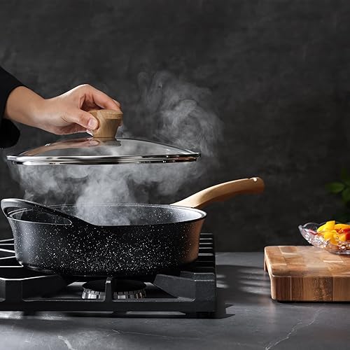 Miniatura 7 de Sartén antiadherente profunda con tapa, sartén con revestimiento de granito suizo de 4.5 cuartos de galón, sartén antiadherente saludable de 12