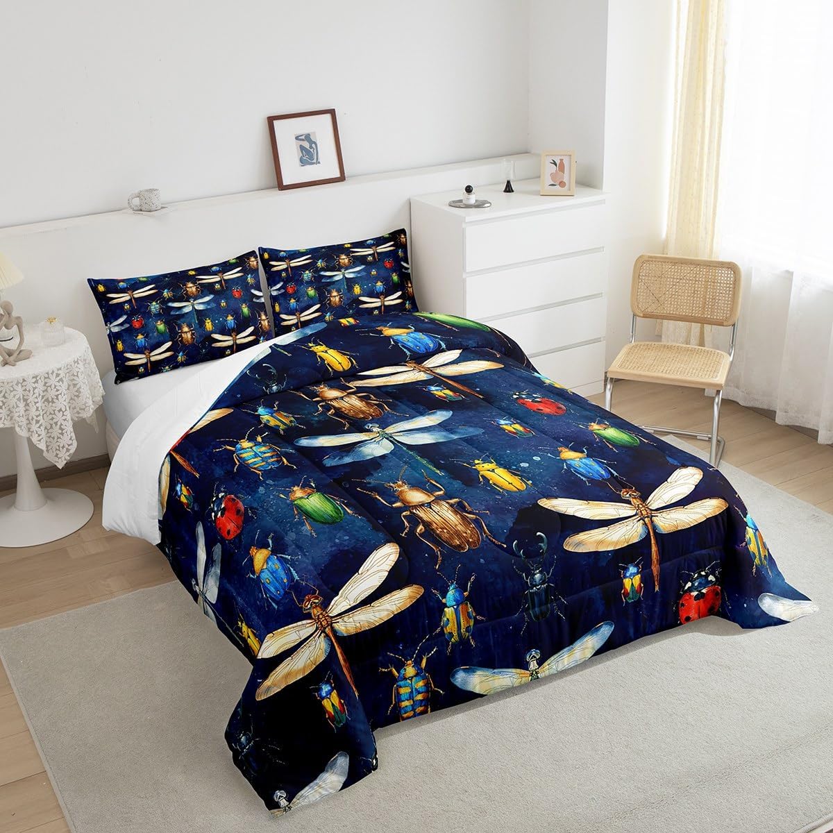 Homewish Dragonfly Comforter Set Full Size Colorful Ladybug Entomology Bedding Set 3pcs for Kids Boys Girls Room Decor Nature Animals Themed Quilted Duvet Navy Blue Duvet Insert with 2 Pillowcases
