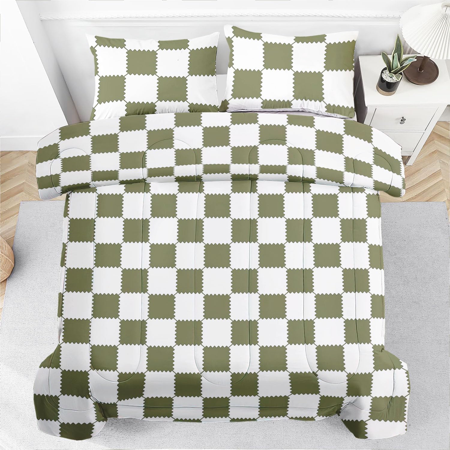 Raphus cucullatus Green Plaid Queen Comforter Set,Gingham Bedding Green Checkered Queen Comforter Set,Farmhouse Bedding Gingham Quilt,Western Quilt Boho Bedroom Decor