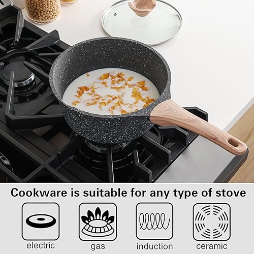 Miniatura 2 de Kordisen Juego de Cacerolas con Tapa, 1.5QT y 2.5QT Ollas Pequeñas Antiadherentes con Revestimiento de Granito, Cacerola con Pico Vertedor, Sartenes