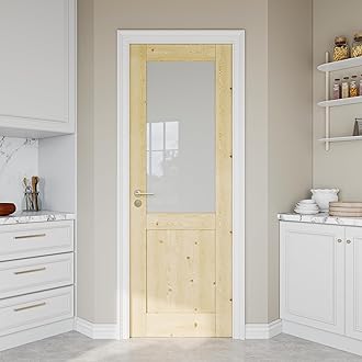 28" x 80" Pine Wood Slab Door, Half Frosted Glass Interior Doors, Single Room Door for Closet & Bedroom, Farmhouse Style as Prehung, Pocket, Bifold, Barn Doors, Easy DIY Stain, Shaker w/o Hardware