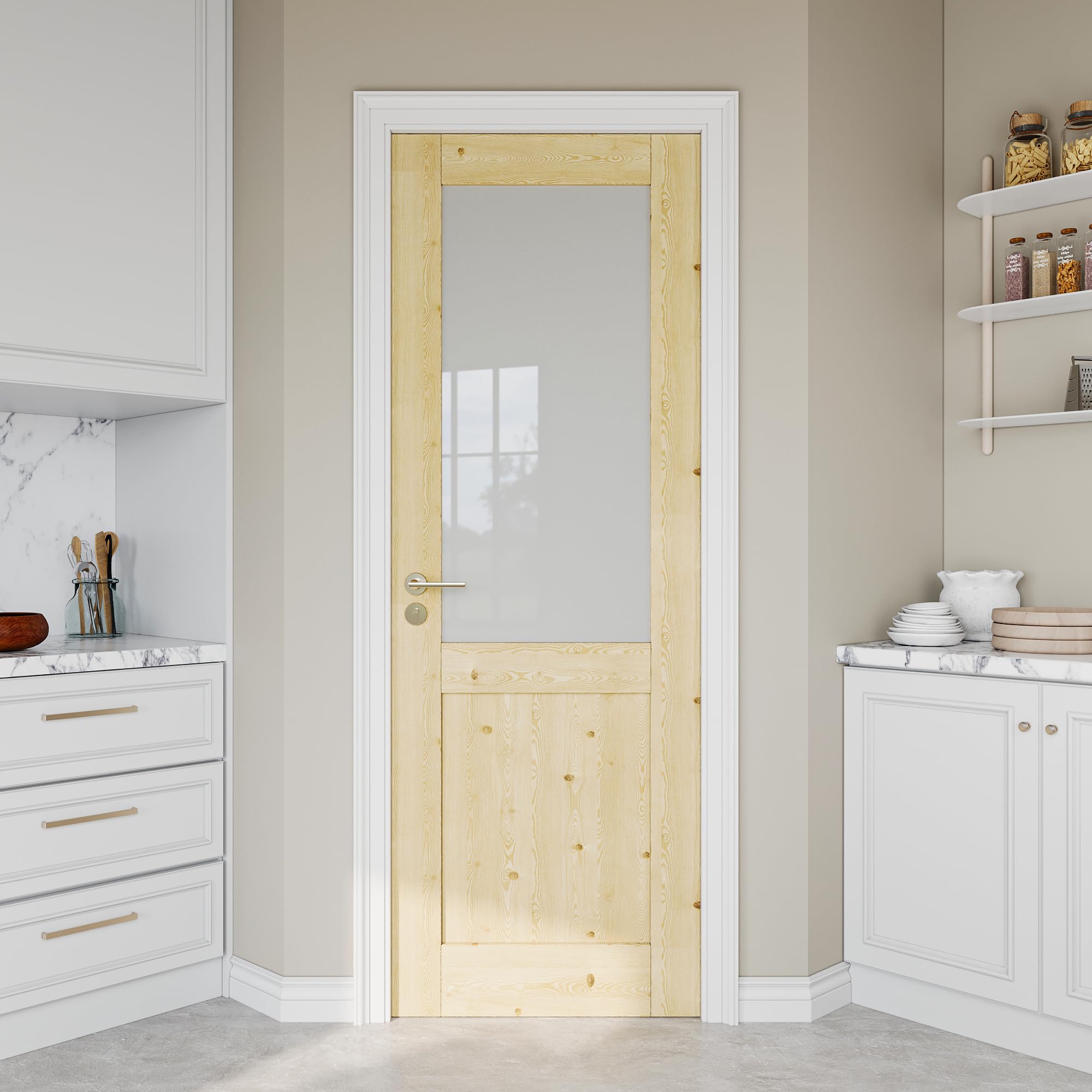 28" x 80" Pine Wood Slab Door, Half Frosted Glass Interior Doors, Single Room Door for Closet & Bedroom, Farmhouse Style as Prehung, Pocket, Bifold, Barn Doors, Easy DIY Stain, Shaker w/o Hardware