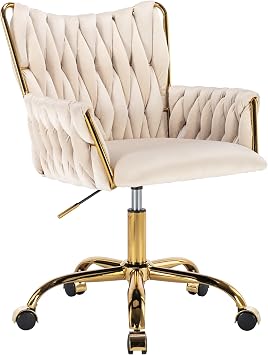 KCC Modern Velvet Home Office Desk Chair with Hand Woven Backrest, Upholstered Adjustable Makeup Vanity Chair with Armrest and Golden Metal Base with Wheels for Living Room Bedroom StudyBeige