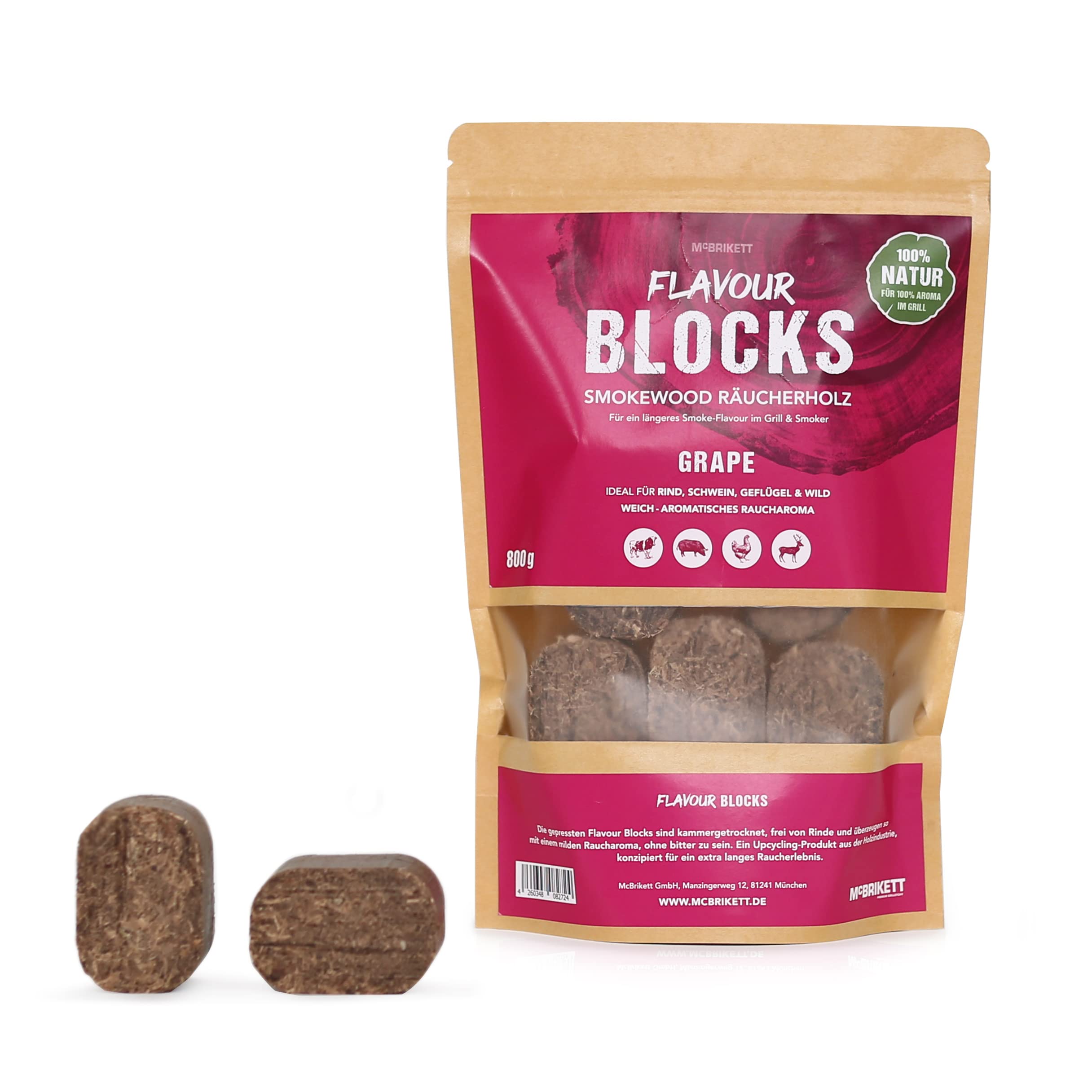 McBrikett Flavour Blocks, Räucherholz, Smokewood, Chunks, 4er-Set á 800g, 100% Natur, extra langes Raucharoma