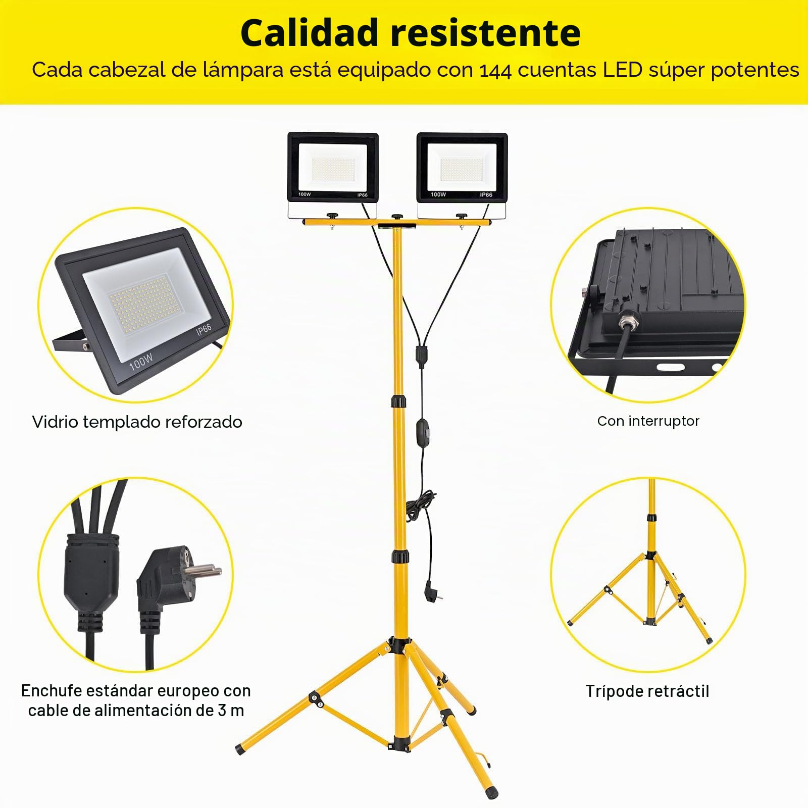 Foco de Trabajo LED 200W con Trípode Telescópico, 20000LM 6500K Foco de Trabajo LED con Enchufe Cable de 3m, Rotación de 360°, IP66 Impermeable Luz de Trabajo para Taller, Obras, Garaje