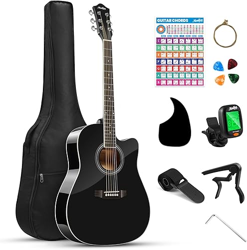 Moukey Guitarra acústica de 41 pulgadas para principiantes adultos adolescentes guitarra Acustica de tamaño completo con póster de acordes y bolsa