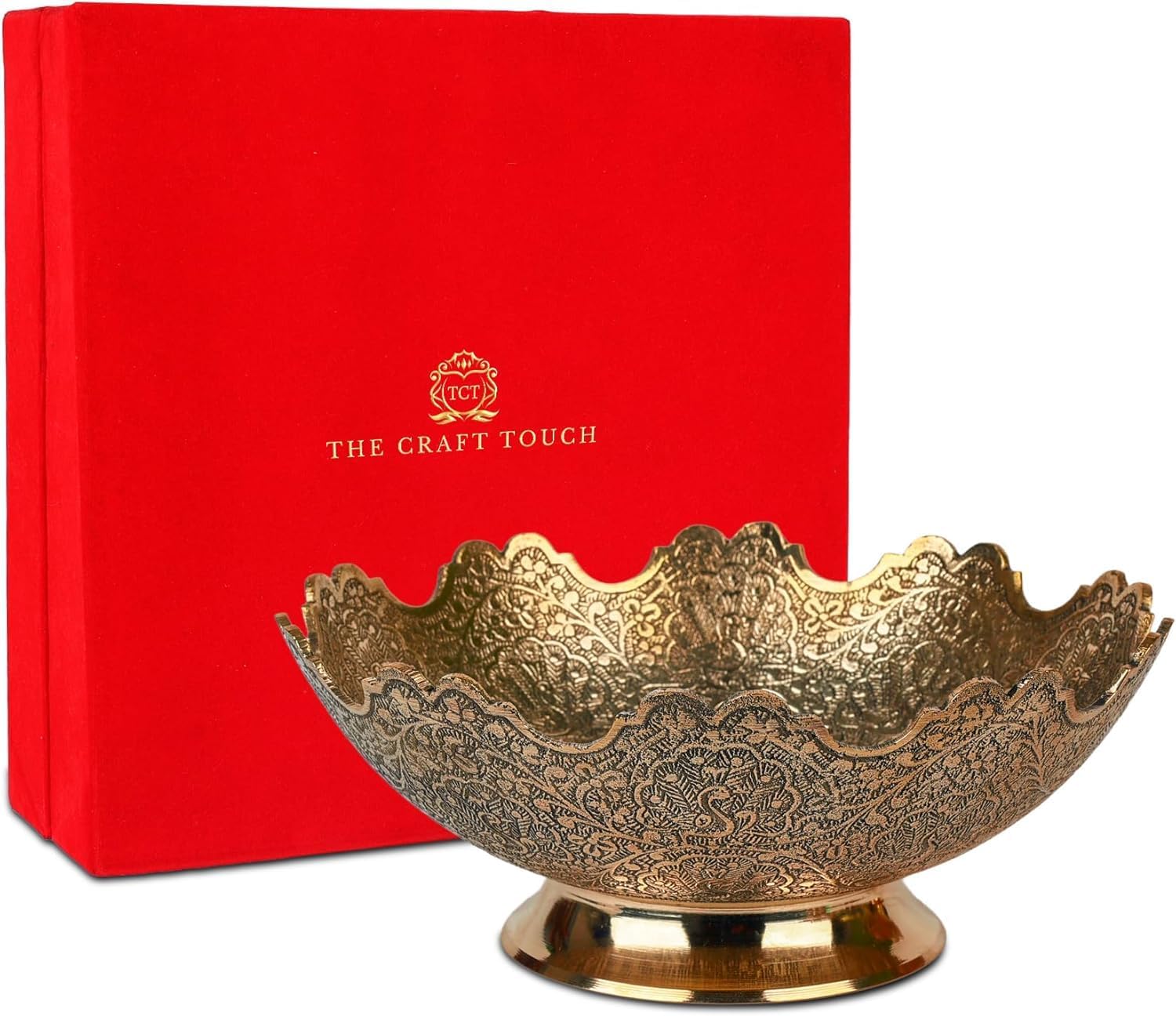 Moroccan Brass Decorative Bowl 8‑Inch Hand‑Painted Floral Engravings Design with Scalloped Rim | Elegant Fruit Bowl | Centerpiece for Dining Table & Living Room (Gold Floral With Velvet Box)
