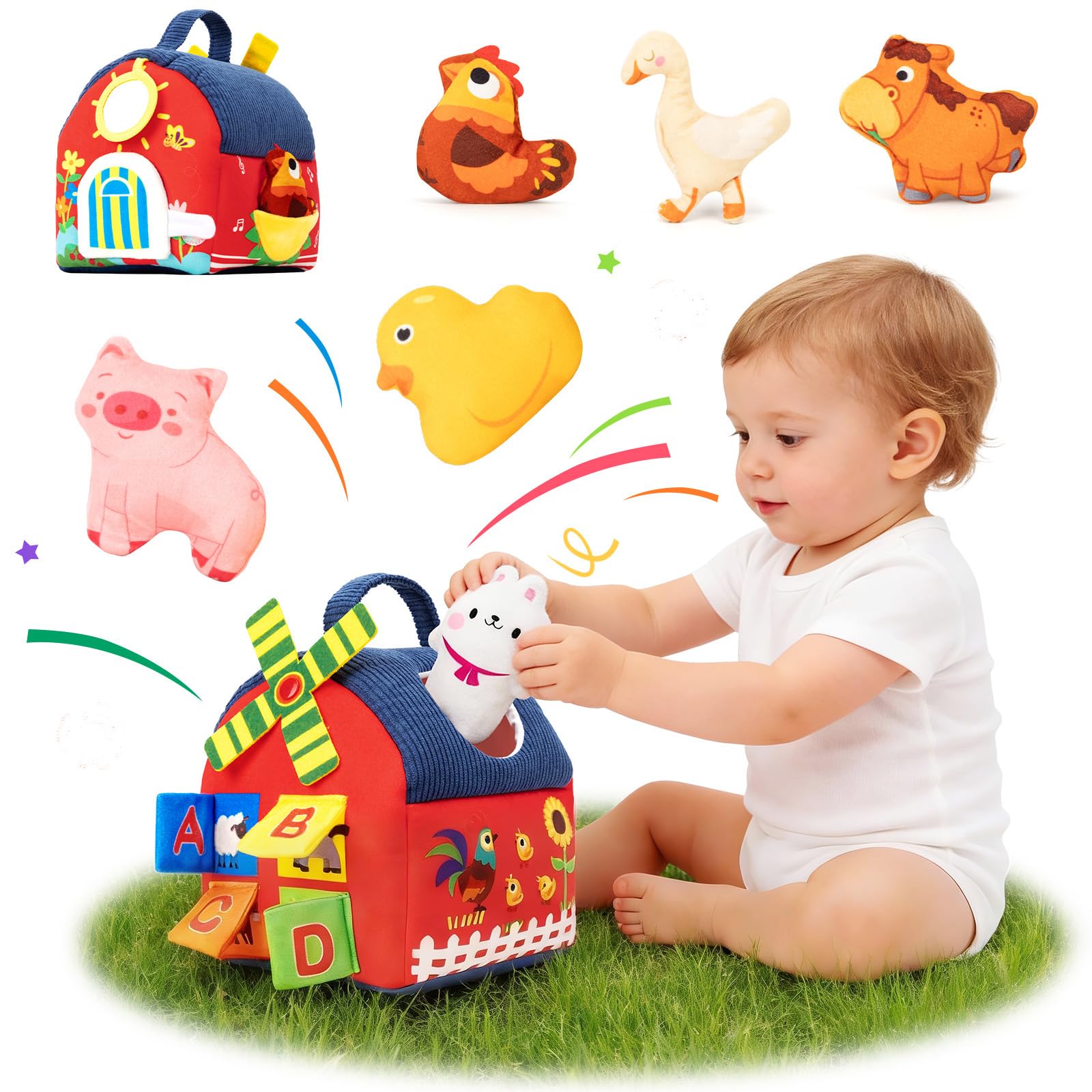 Montessori Juguetes Bebes 6-12 Meses, Juguete Sensoriales Bebe Animales Granja, Juguete de Peluche con Arrugas, Espejo, Letras, Juego de Regalos para Bebes Niños y Niñas
