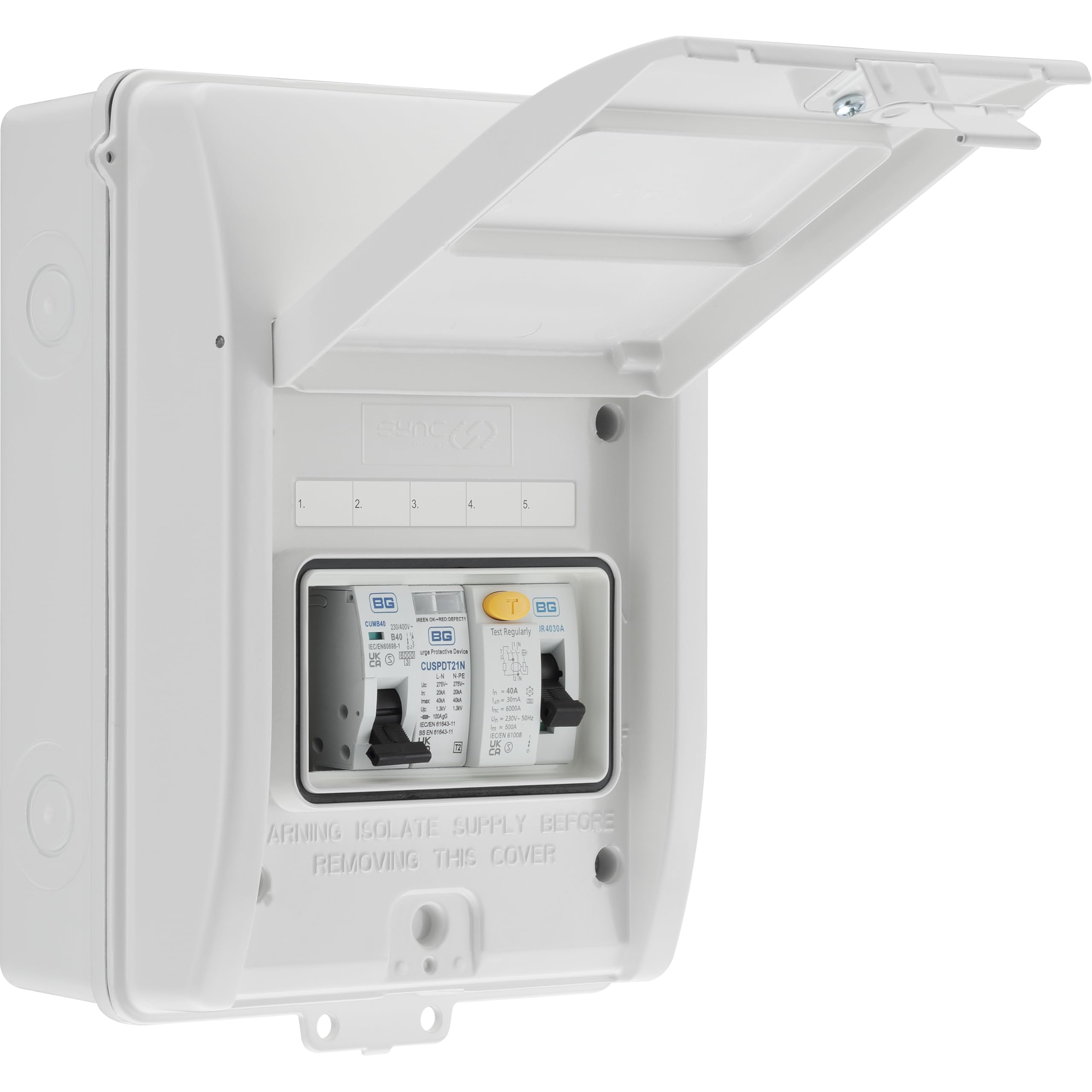 Sync Energy EV Charger Consumer Unit with 40A 30mA Type A RCD, Type 2 SPD & 40A MCB, Electric Vehicle Enclosure Kit, Weatherproof, 5 Module, Populated, BG Sync EV, White, IP65, CFEV5AW