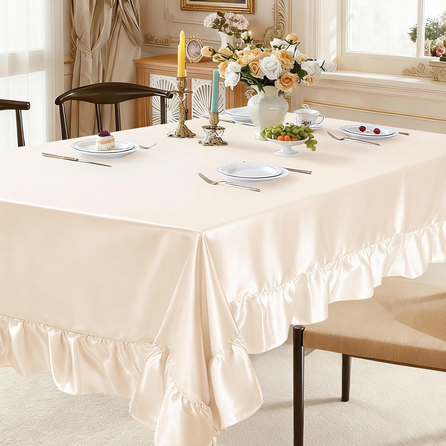 4 Pack Ruffle Tablecloth 60" x 102",Beige Satin Tablecloth Rectangle Silky Table Cloth Table Cover,Scalloped Table Cloth for Kitchen Dining and Weddings