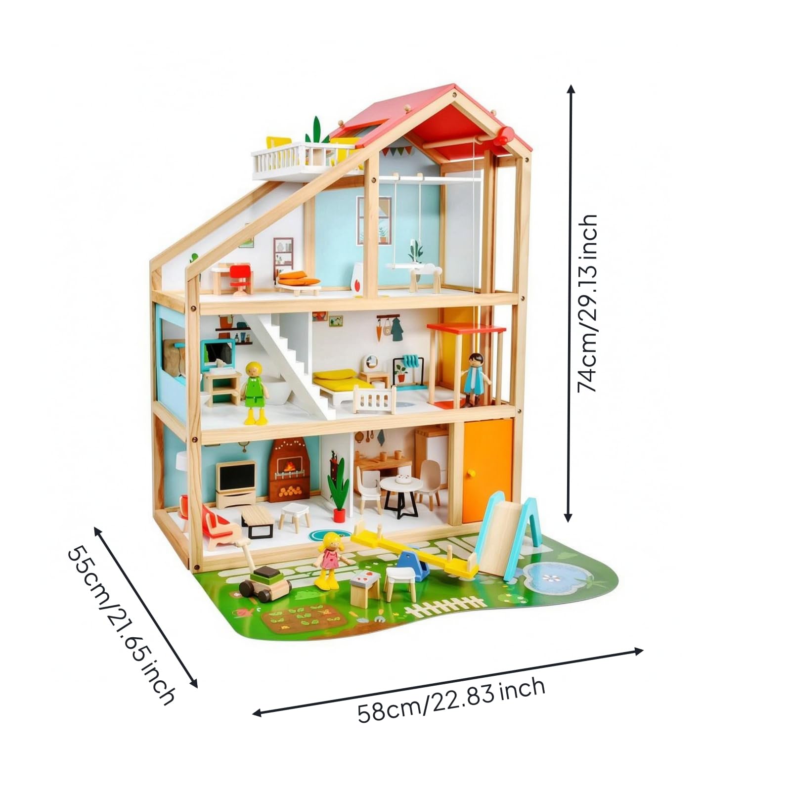 Almencla Puppenhaus Holz Puppenhaus Spielhaus Miniaturhaus mit Kompletter Ausstattung Figuren Möbeln Und Outdoor Zubehör für Geschwisterspiel Reise Geeignet